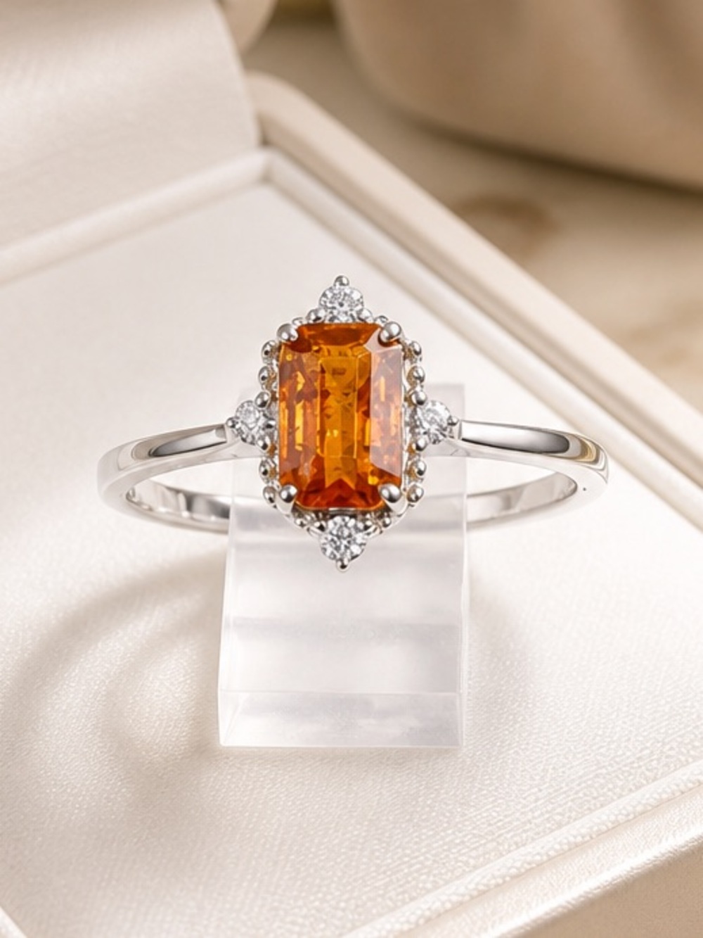 Size 6.5 Orange Kyanite , white topaz 925 Sterling Silver Ring